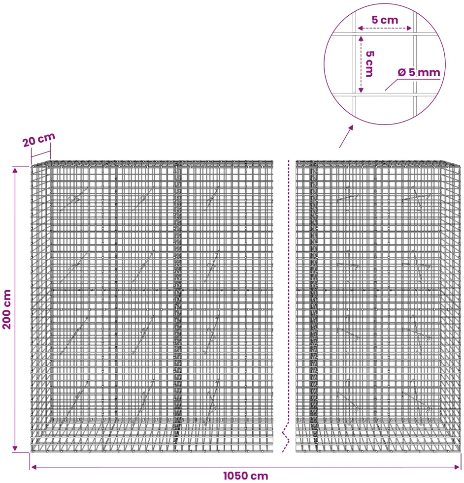 Gabionas su 5 mm viela ir 5x5 cm tinkleliu 1050x20x200 cm