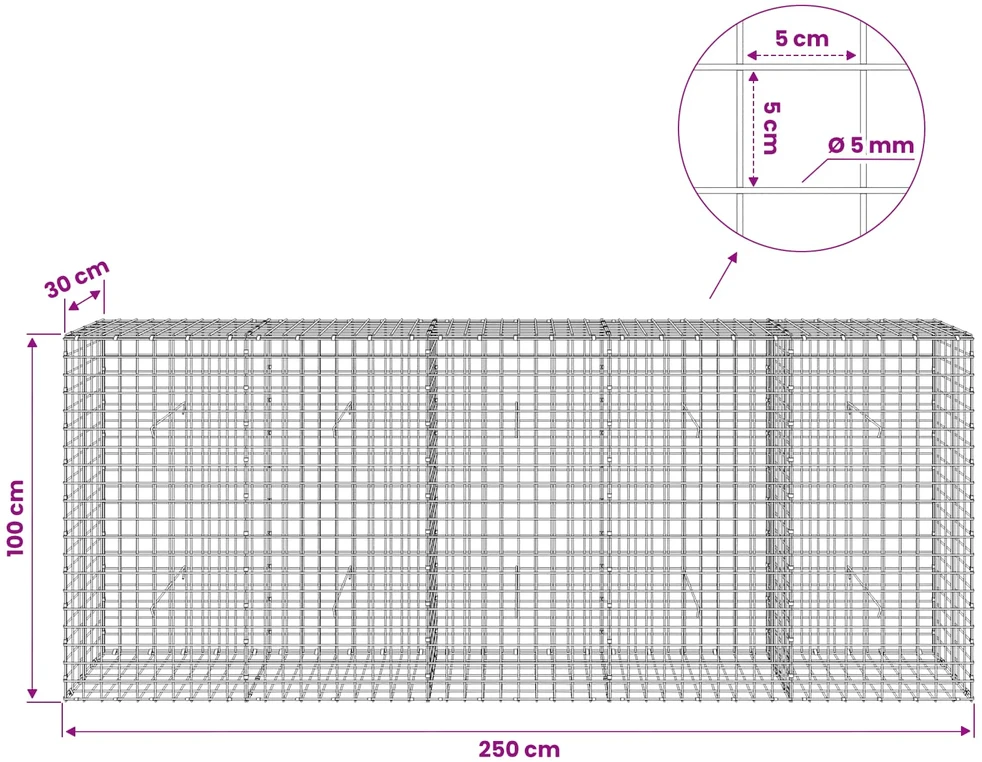 Gabionas su 5 mm viela ir 5x5 cm tinkleliu 250x30x100 cm