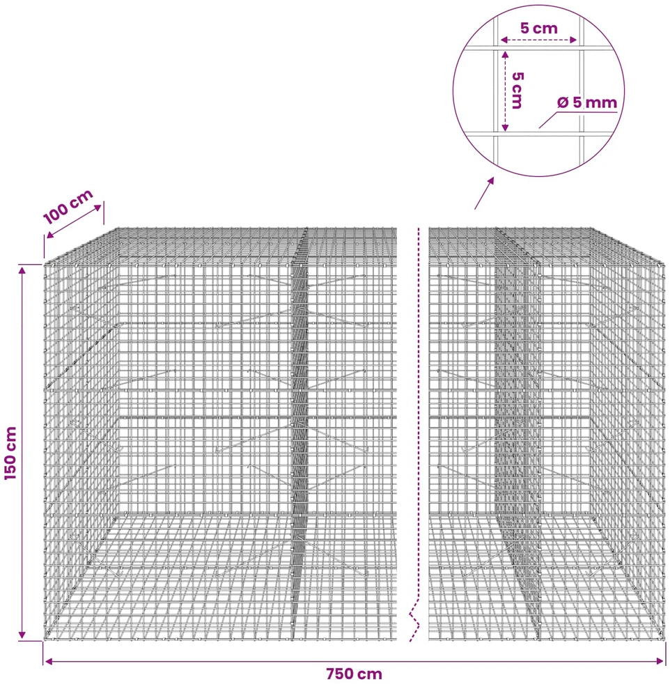 Gabionas su 5 mm viela ir 5x5 cm tinkleliu 750x100x150 cm