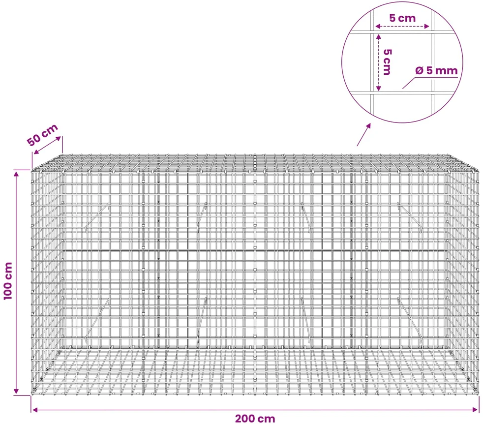 Gabionas su 5 mm viela ir 5x5 cm tinkleliu 200x50x100 cm