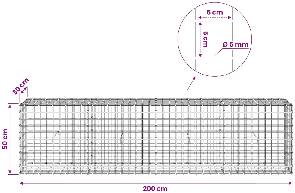 Gabionas su 5 mm viela ir 5x5 cm tinkleliu 200x30x50 cm