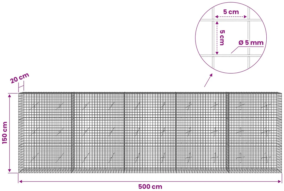 Gabionas su 5 mm viela ir 5x5 cm tinkleliu 500x20x150 cm