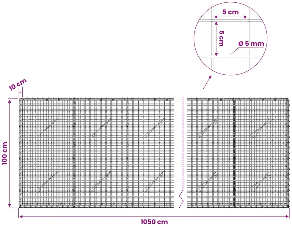 Gabionas su 5 mm viela ir 5x5 cm tinkleliu 1050x10x100 cm