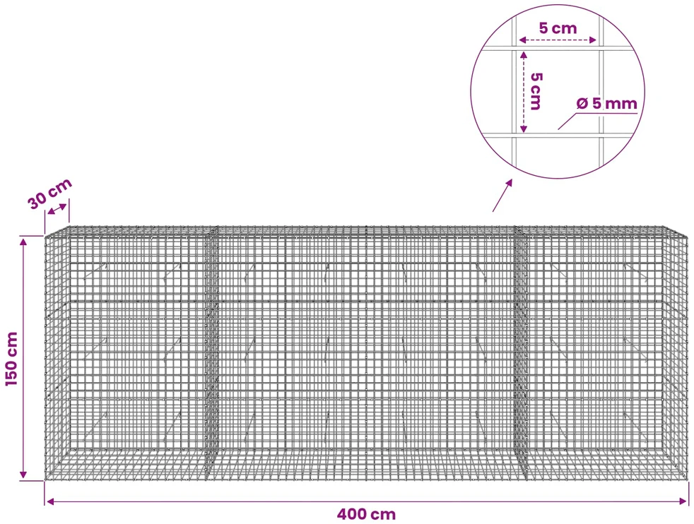 Gabionas su 5 mm viela ir 5x5 cm tinkleliu 400x30x150 cm
