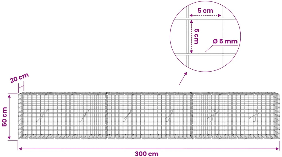 Gabionas su 5 mm viela ir 5x5 cm tinkleliu 300x20x50 cm