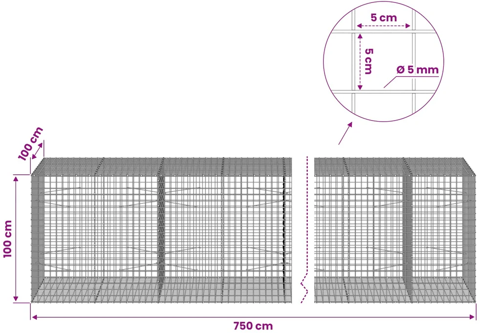 Gabionas su 5 mm viela ir 5x5 cm tinkleliu 750x100x100 cm