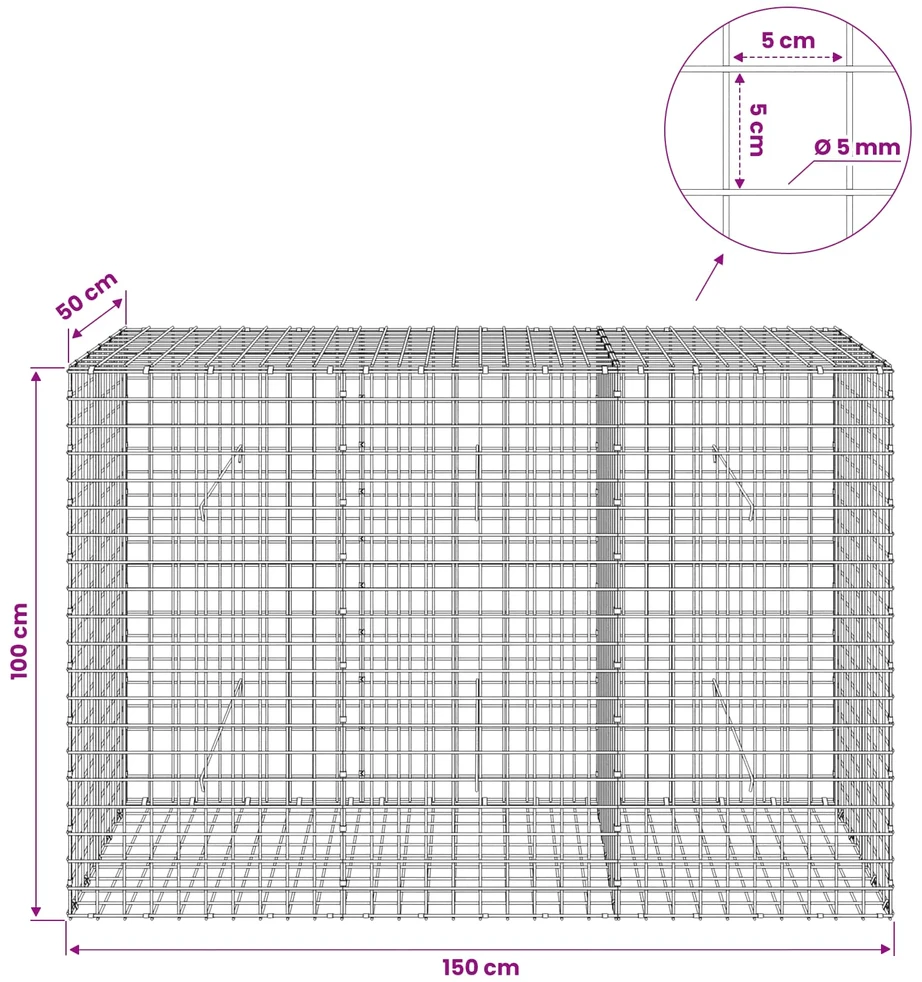 Gabionas su 5 mm viela ir 5x5 cm tinkleliu 150x50x100 cm
