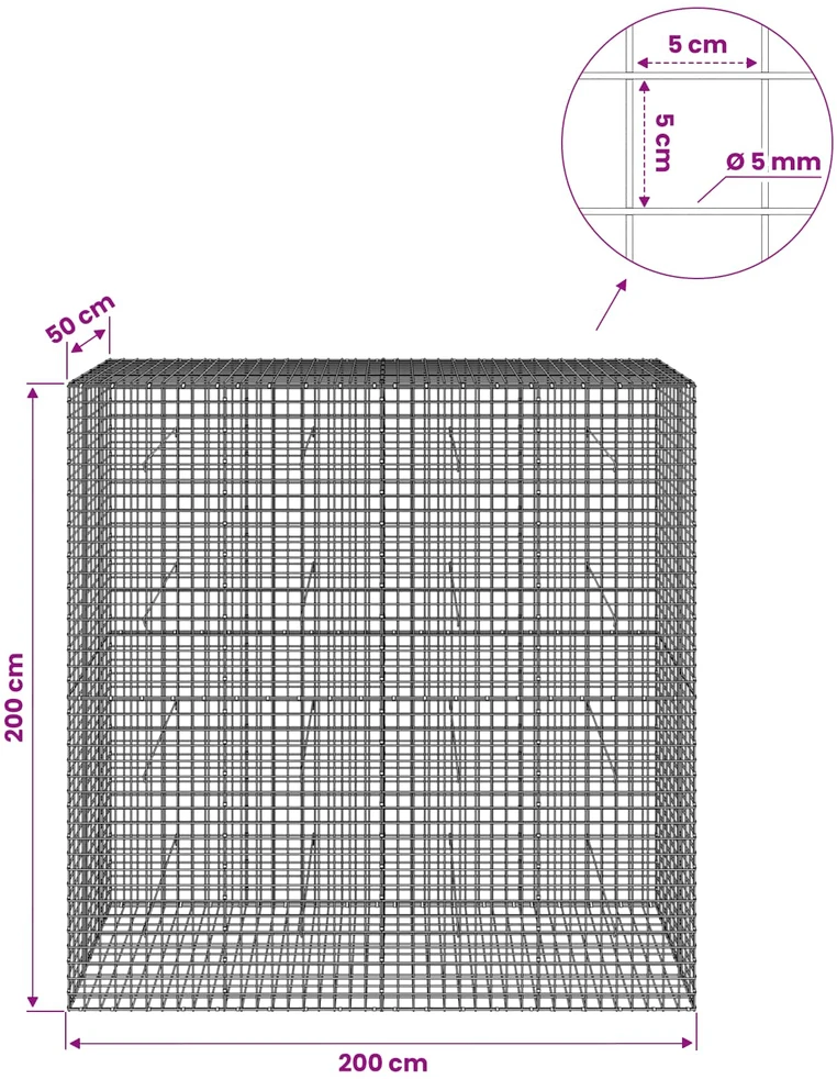 Gabionas su 5 mm viela ir 5x5 cm tinkleliu 200x50x200 cm
