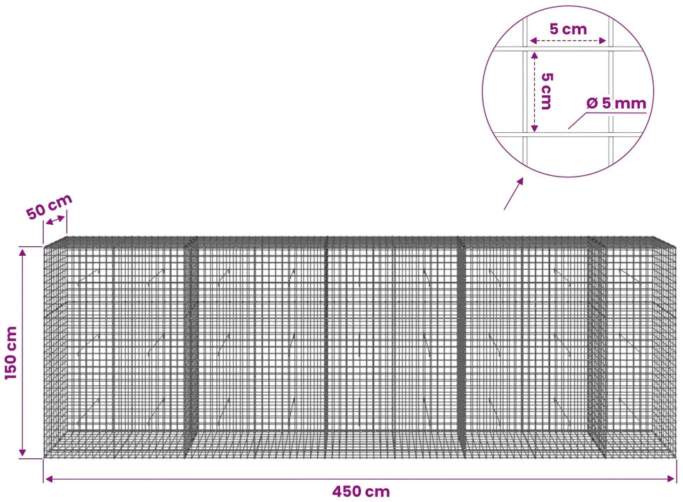 Gabionas su 5 mm viela ir 5x5 cm tinkleliu 450x50x150 cm
