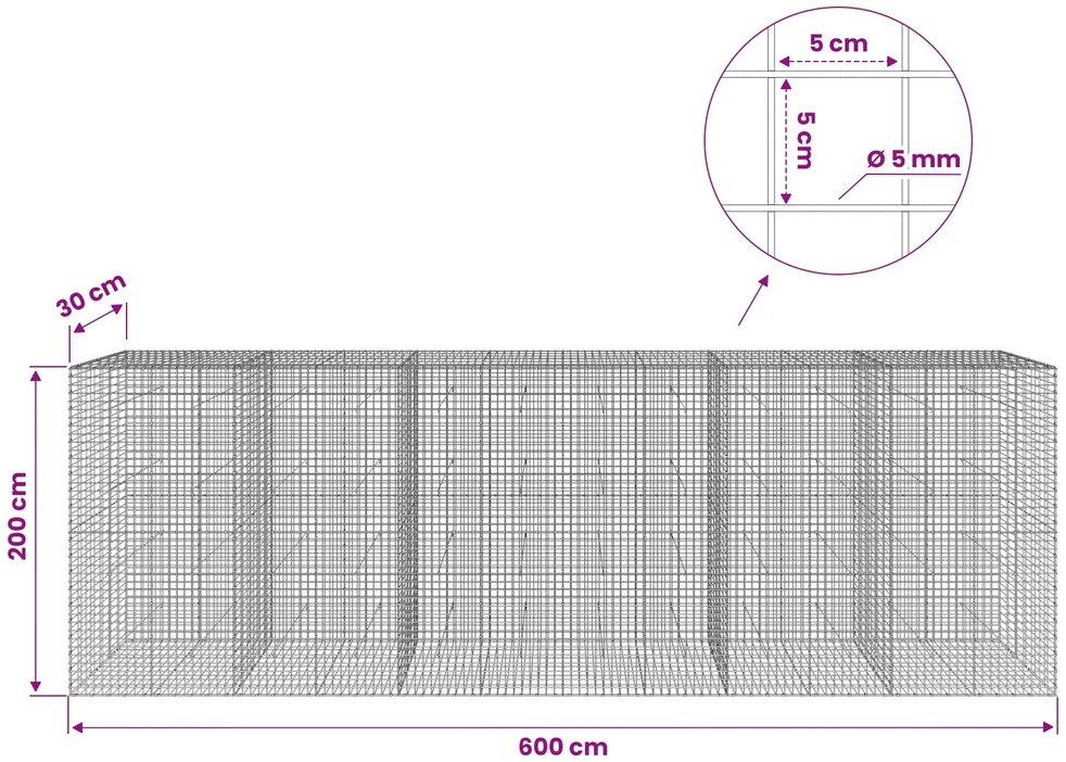 Gabionas su 5 mm viela ir 5x5 cm tinkleliu 600x30x200 cm