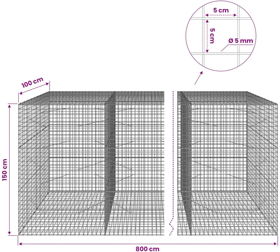 Gabionas su 5 mm viela ir 5x5 cm tinkleliu 800x100x150 cm