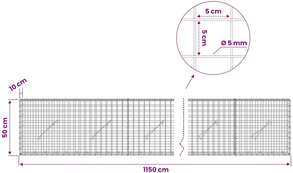 Gabionas su 5 mm viela ir 5x5 cm tinkleliu 1150x10x50 cm