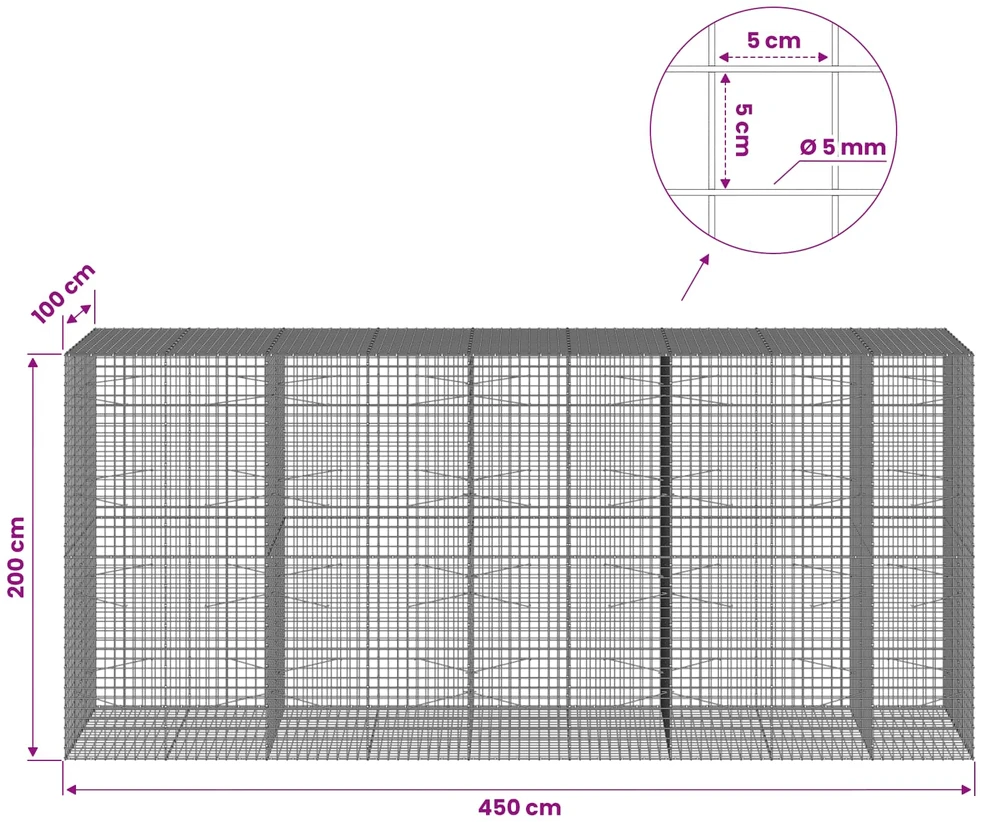 Gabionas su 5 mm viela ir 5x5 cm tinkleliu 450x100x200 cm