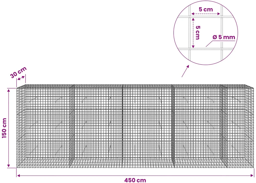 Gabionas su 5 mm viela ir 5x5 cm tinkleliu 450x30x150 cm