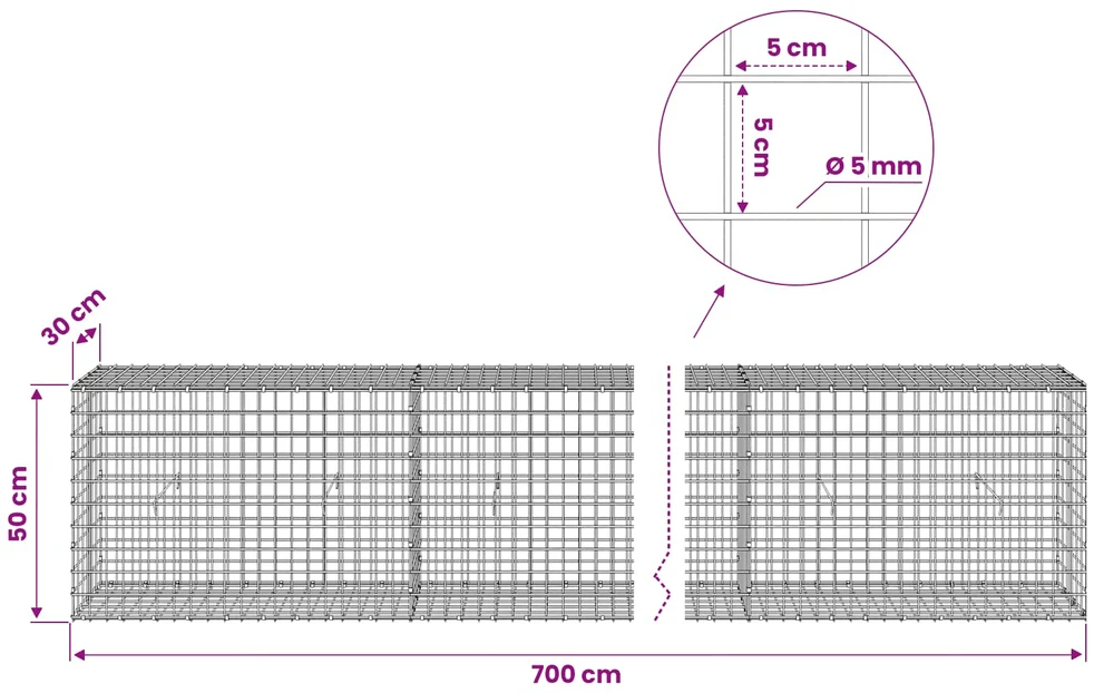 Gabionas su 5 mm viela ir 5x5 cm tinkleliu 700x30x50 cm