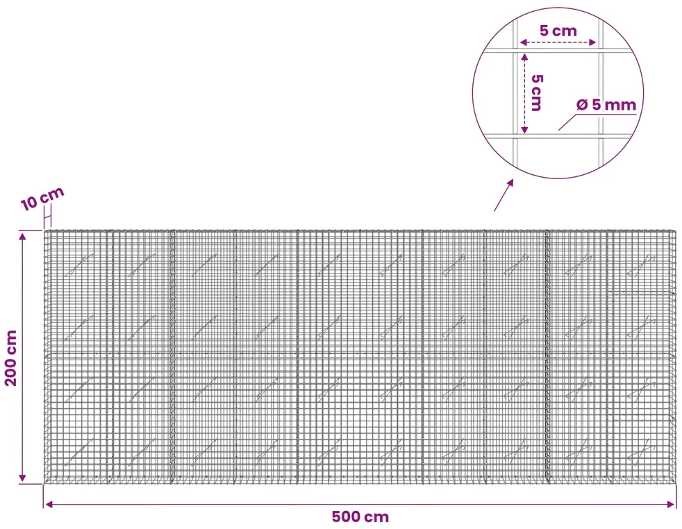 Gabionas su 5 mm viela ir 5x5 cm tinkleliu 500x10x200 cm