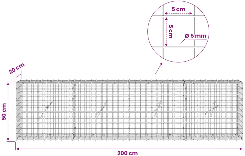 Gabionas su 5 mm viela ir 5x5 cm tinkleliu 200x20x50 cm