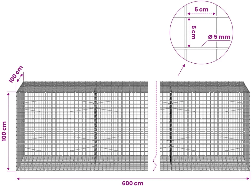 Gabionas su 5 mm viela ir 5x5 cm tinkleliu 600x100x100 cm