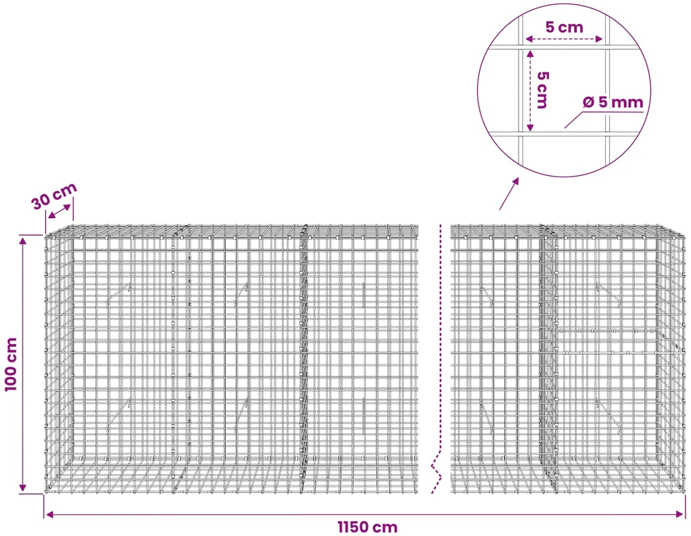 Gabionas su 5 mm viela ir 5x5 cm tinkleliu 1150x30x100 cm