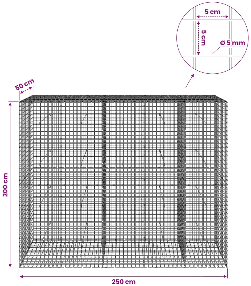 Gabionas su 5 mm viela ir 5x5 cm tinkleliu 250x50x200 cm
