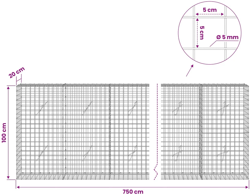 Gabionas su 5 mm viela ir 5x5 cm tinkleliu 750x20x100 cm
