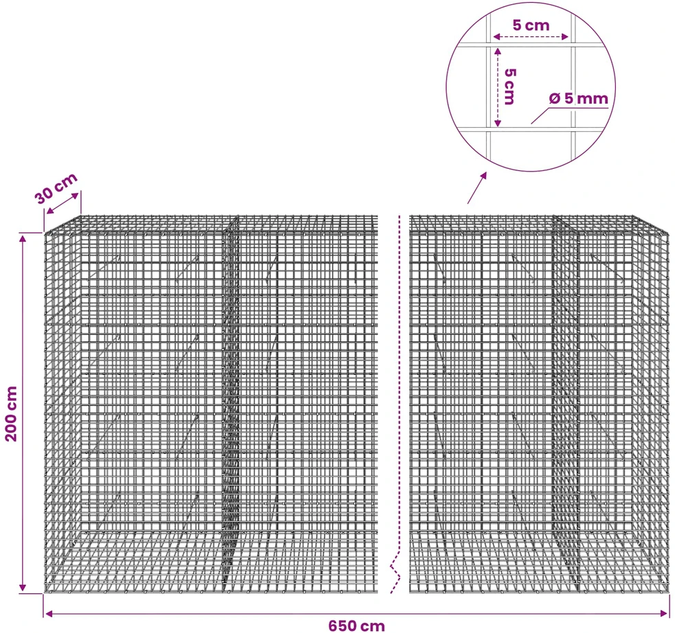 Gabionas su 5 mm viela ir 5x5 cm tinkleliu 650x30x200 cm