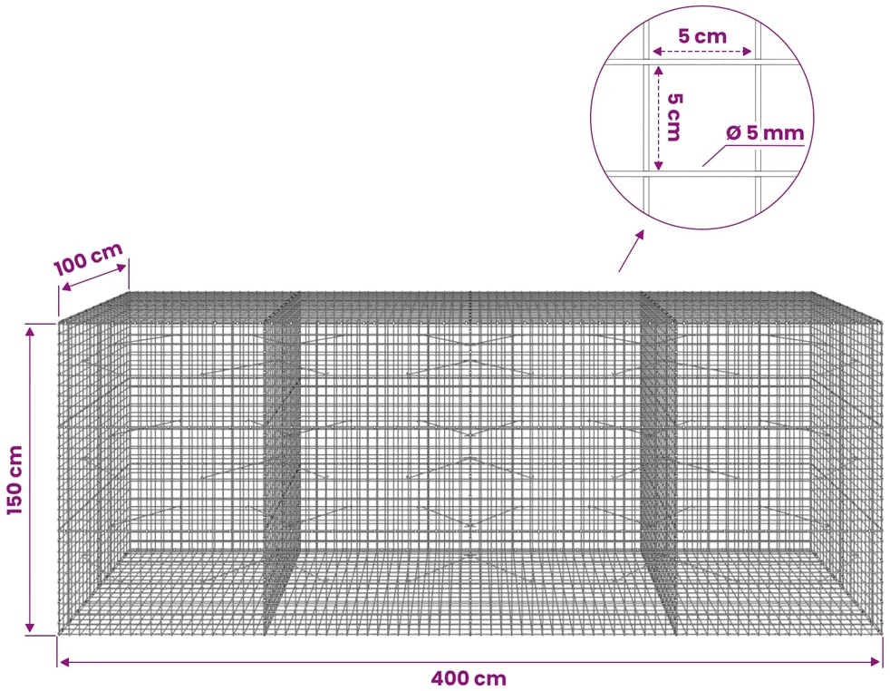 Gabionas su 5 mm viela ir 5x5 cm tinkleliu 400x100x150 cm