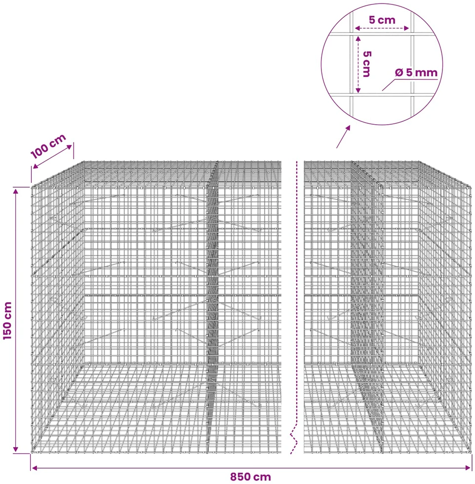Gabionas su 5 mm viela ir 5x5 cm tinkleliu 850x100x150 cm