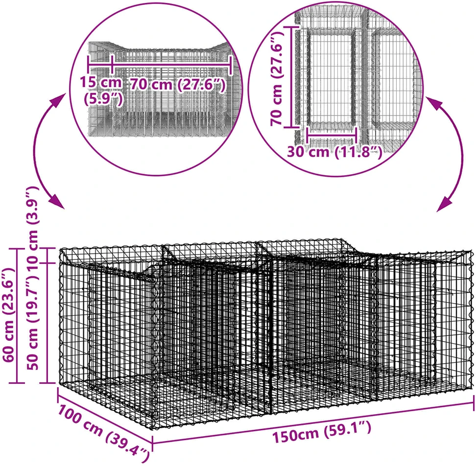 Gabioninė pakelta lova 150 x 100 x 60 cm Galvanizuotas plienas