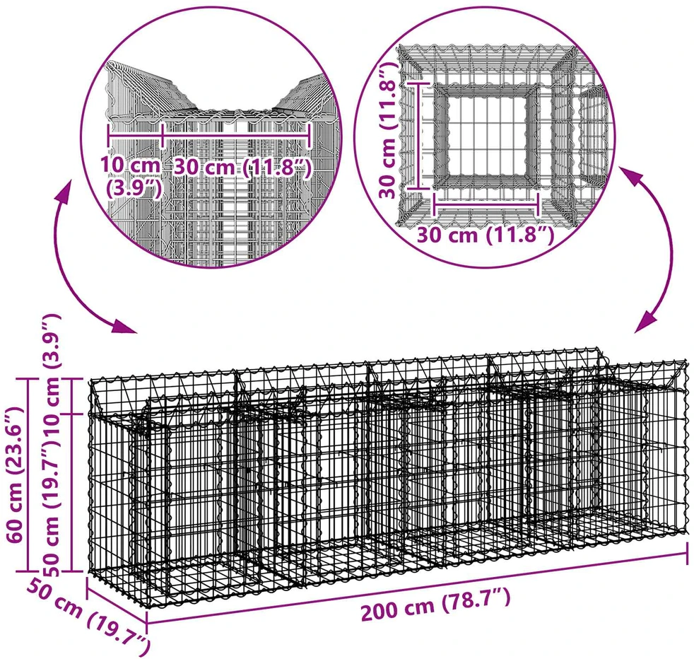 Gabioninė pakelta lova 200 x 50 x 60 cm Galvanizuotas plienas