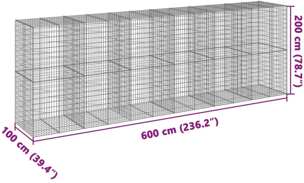 Gabiono krepšys su dangčiu, 600x100x200cm, galvanizuota geležis