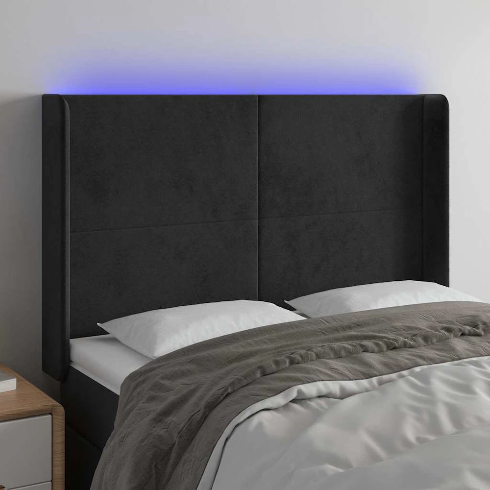 Galvūgalis su LED, juodos spalvos, 147x16x118/128cm, aksomas