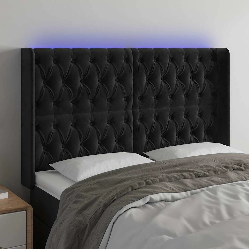 Galvūgalis su LED, juodos spalvos, 147x16x118/128cm, aksomas