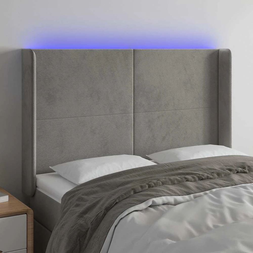 Galvūgalis su LED, šviesiai pilkas, 147x16x118/128cm, aksomas
