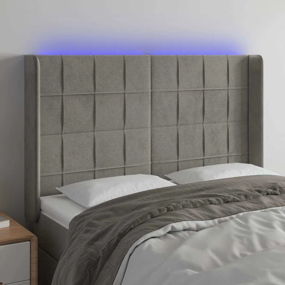 Galvūgalis su LED, šviesiai pilkas, 147x16x118/128cm, aksomas