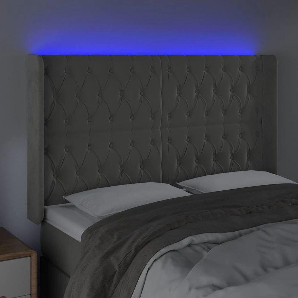 Galvūgalis su LED, šviesiai pilkas, 163x16x118/128cm, aksomas