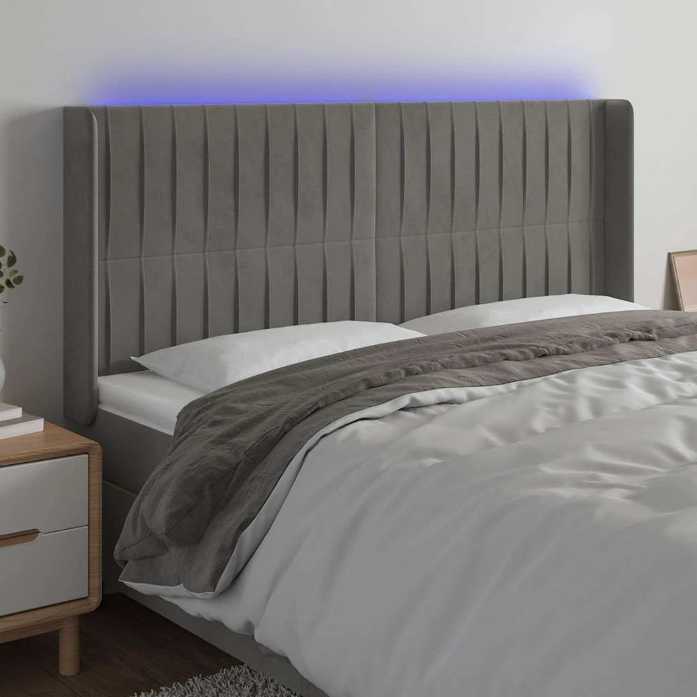 Galvūgalis su LED, šviesiai pilkas, 203x16x118/128cm, aksomas