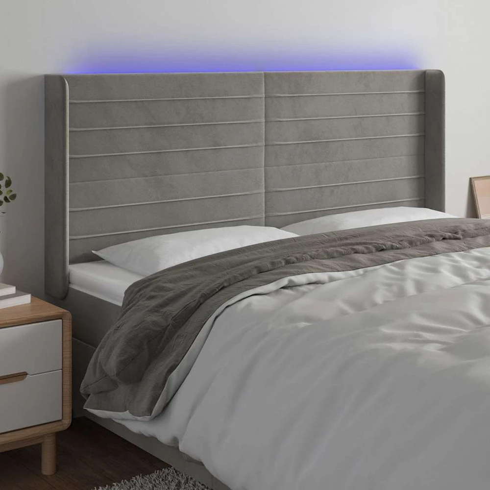 Galvūgalis su LED, šviesiai pilkas, 203x16x118/128cm, aksomas