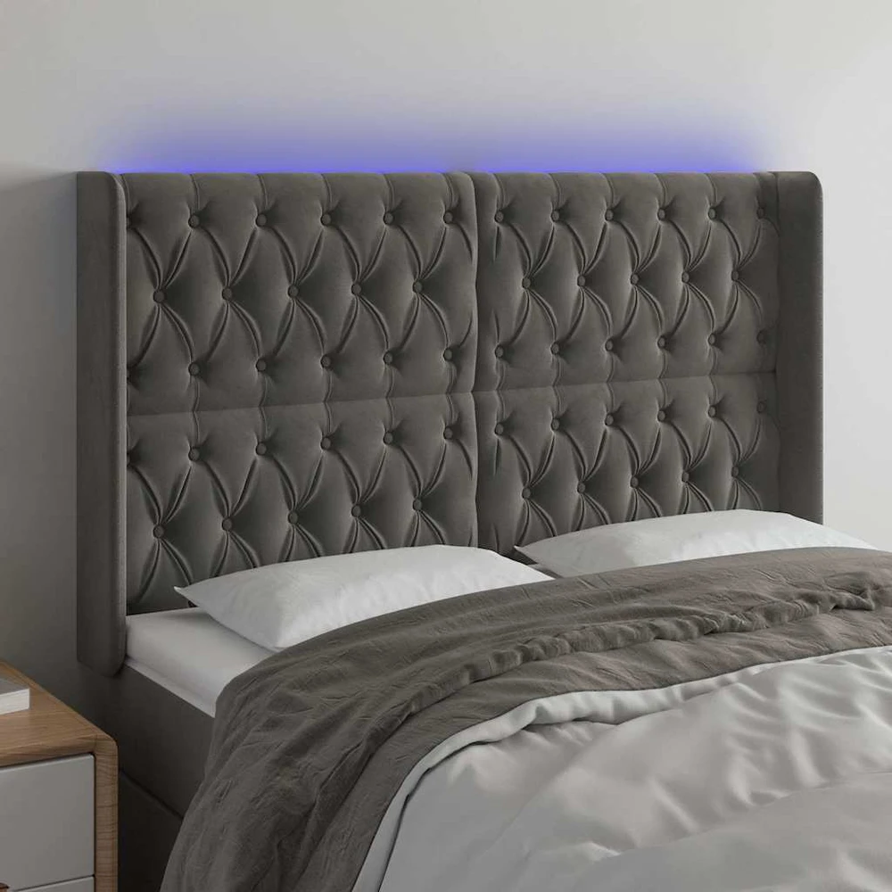Galvūgalis su LED, tamsiai pilkas, 163x16x118/128cm, aksomas