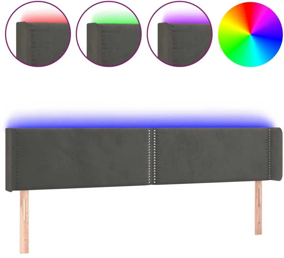 Galvūgalis su LED, tamsiai pilkas, 203x16x78/88cm, aksomas