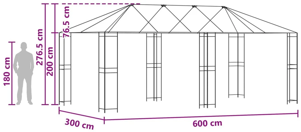 Paviljono rėmas be paviljono audinio 6 x 3 m Juoda Plienas