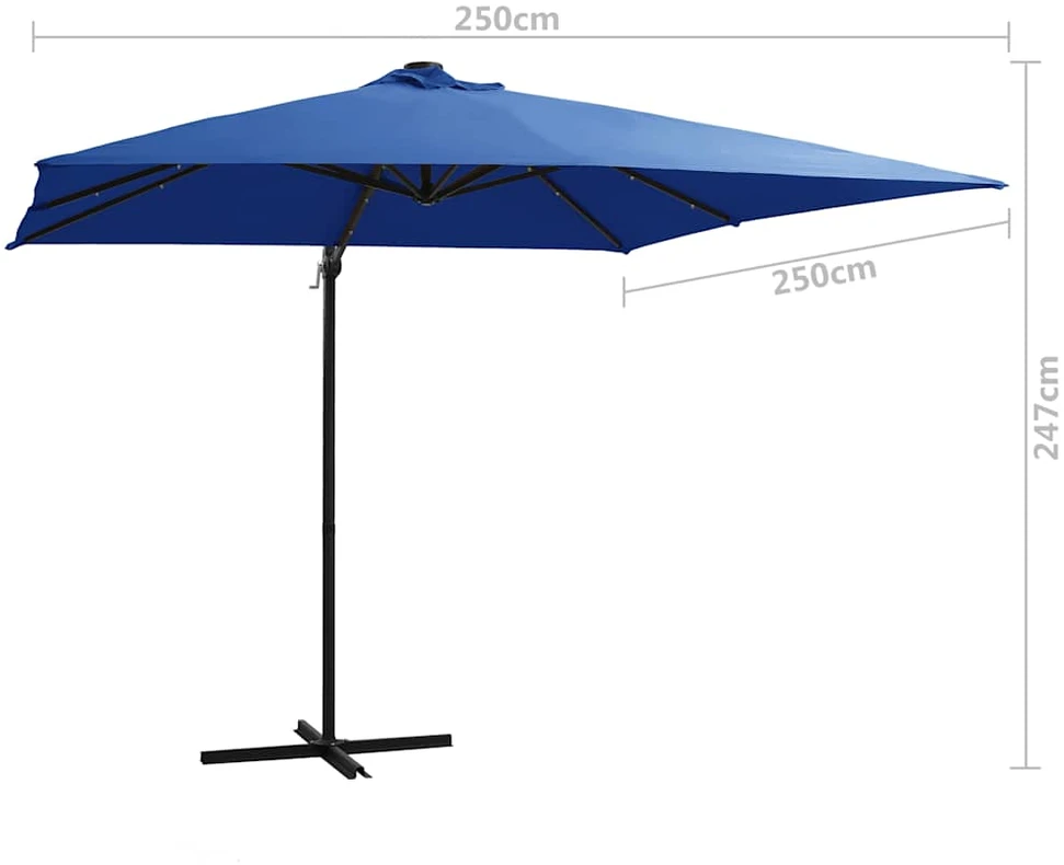 Gembinis skėtis su LED ir plieniniu stulpu, mėlynas, 250x250cm