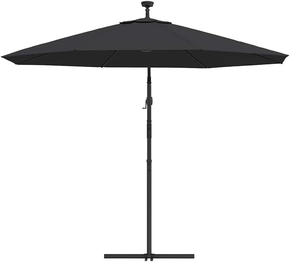 Gembinis skėtis su LED ir plieniniu stulpu, juodas, 300cm