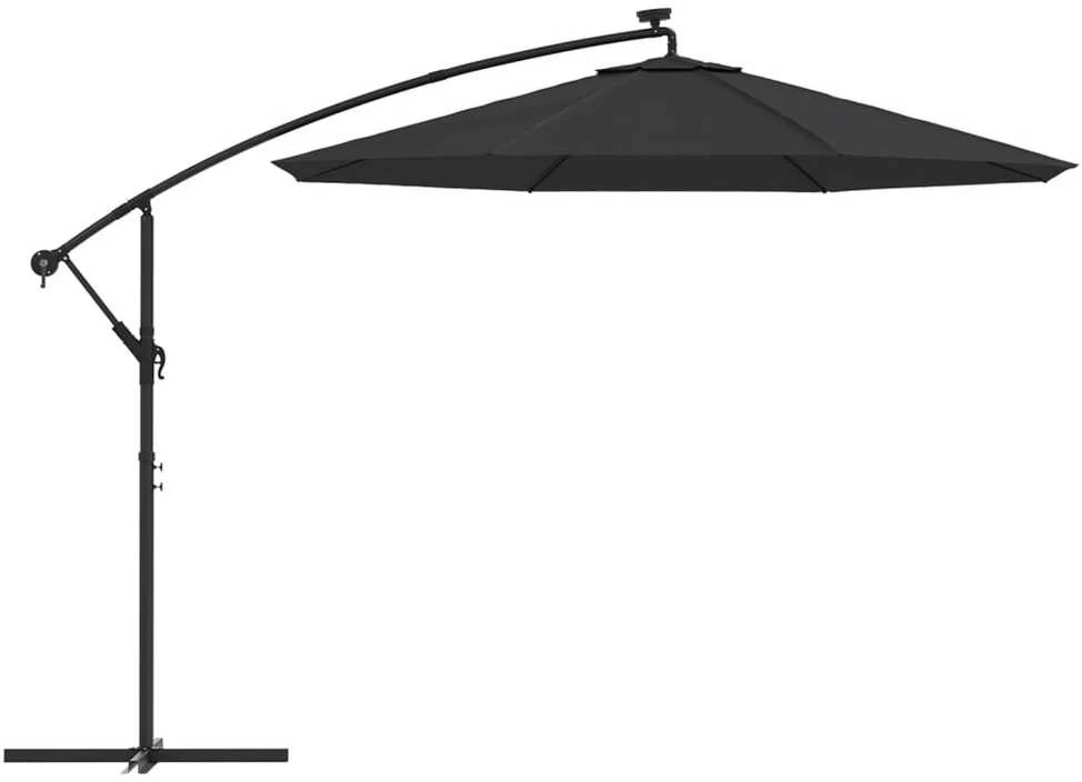 Gembinis skėtis su LED ir plieniniu stulpu, juodas, 300cm