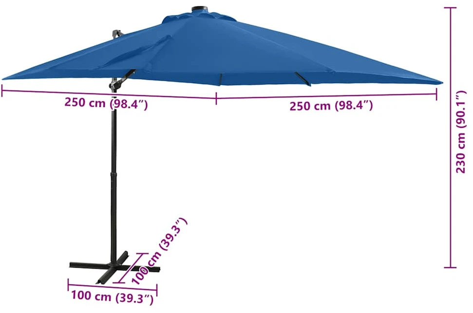 Gembinis skėtis su stulpu ir LED lemputėmis, mėlynas, 250cm