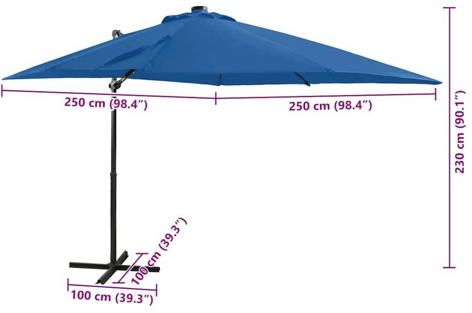 Gembinis skėtis su stulpu ir LED lemputėmis, mėlynas, 250cm
