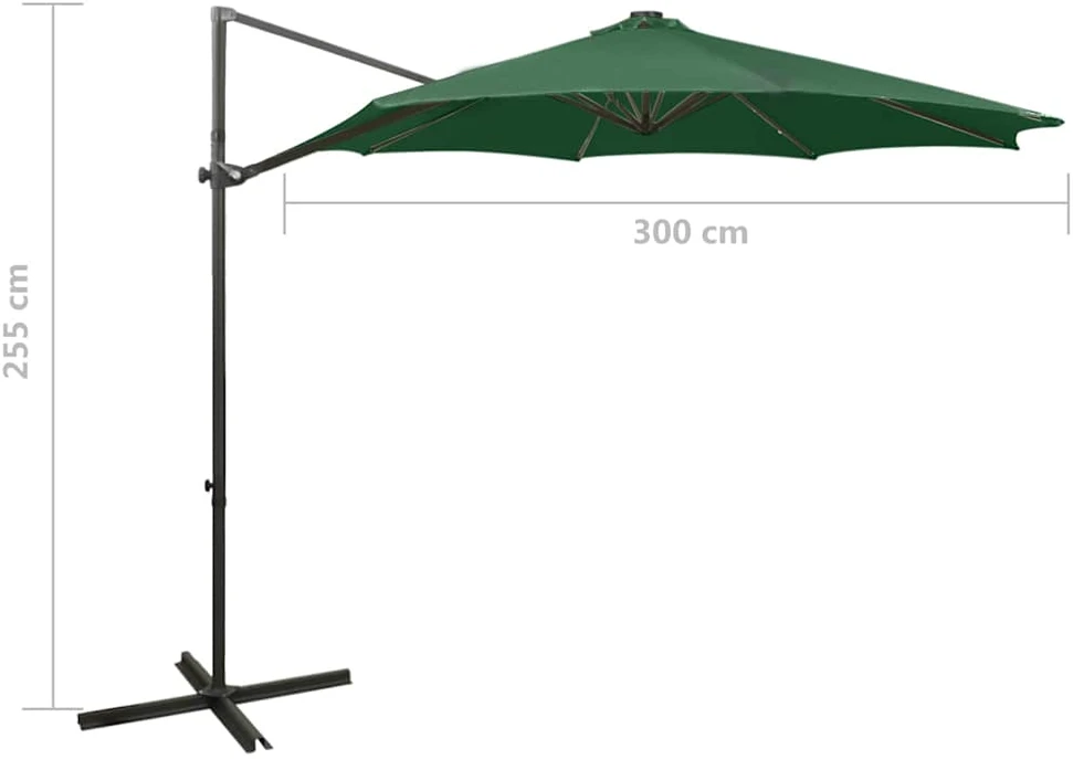 Gembinis skėtis su stulpu ir LED lemputėmis, žalias, 300cm