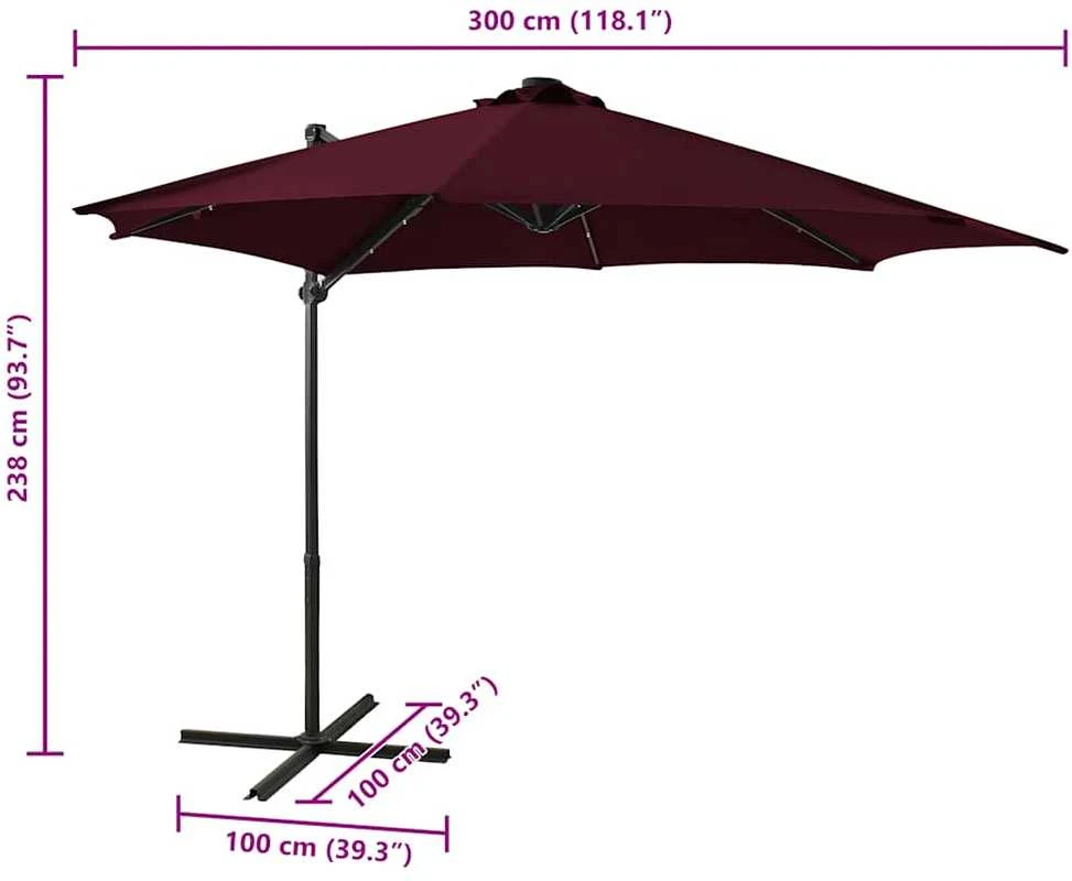 Gembinis skėtis su stulpu ir LED lemputėmis, raudonas, 300cm