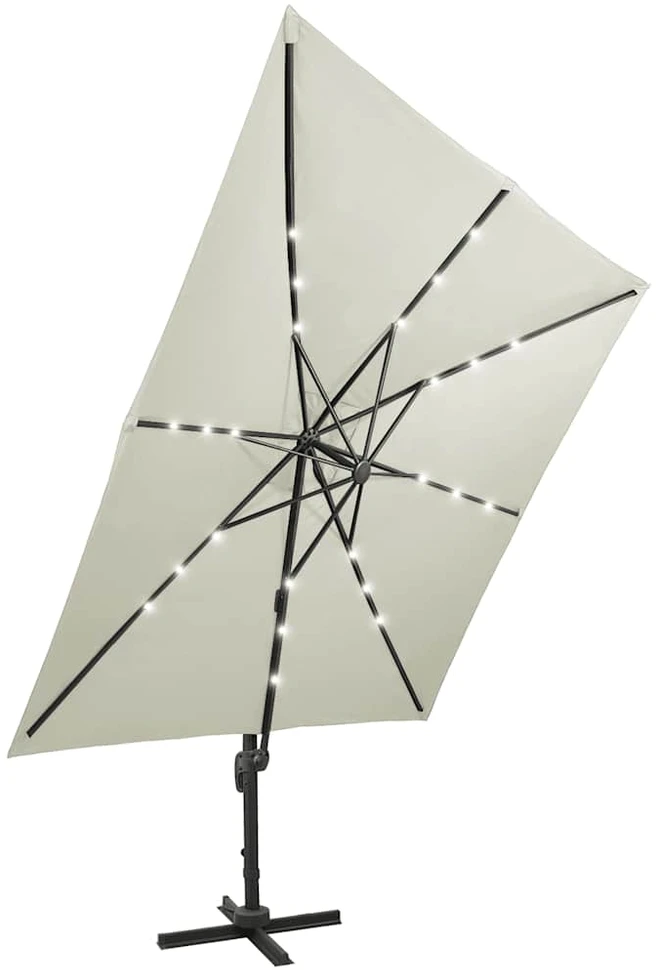 Gembinis skėtis su stulpu ir LED lemputėmis, smėlio, 300cm