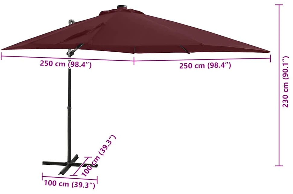Gembinis skėtis su stulpu ir LED lemputėmis, raudonas, 250cm
